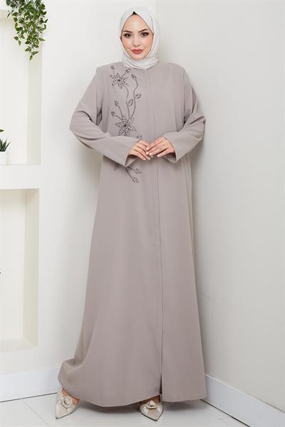 Çiçek Detay Taşlı Ferace Bej HM2847