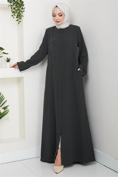 Çiçek Detay Taşlı Ferace Füme HM2847