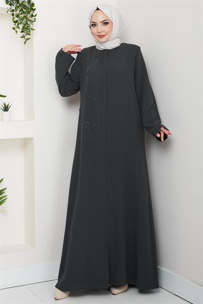 Çiçek Detay Taşlı Ferace Füme HM2847