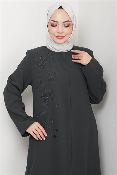 Çiçek Detay Taşlı Ferace Füme HM2847