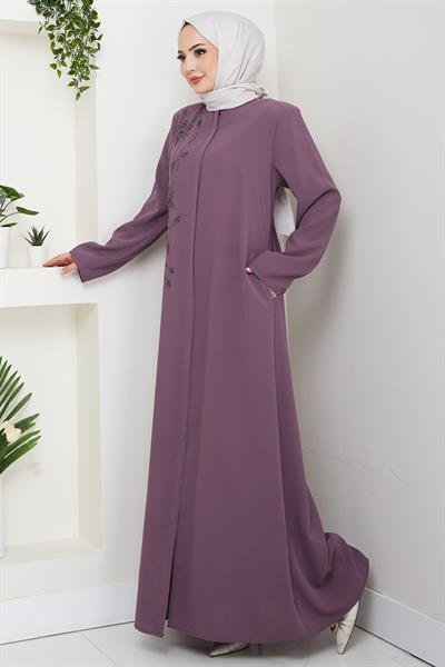 Çiçek Detay Taşlı Ferace Gül Kurusu HM2847