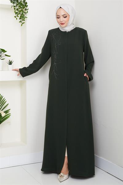 Çiçek Detay Taşlı Ferace Haki HM2847