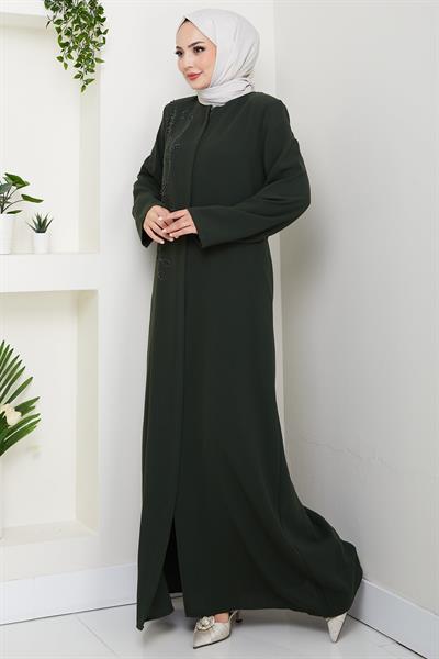 Çiçek Detay Taşlı Ferace Haki HM2847