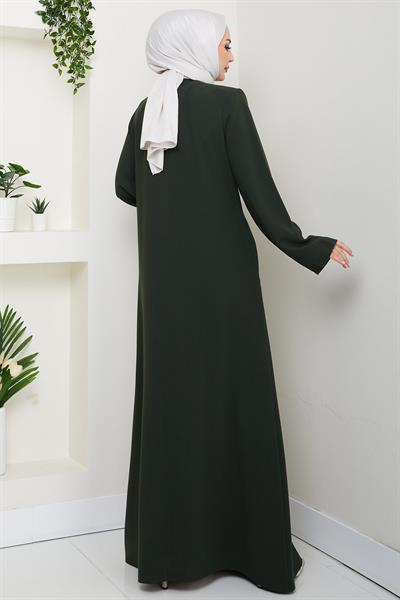 Çiçek Detay Taşlı Ferace Haki HM2847