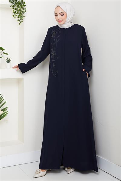 Çiçek Detay Taşlı Ferace Lacivert HM2847