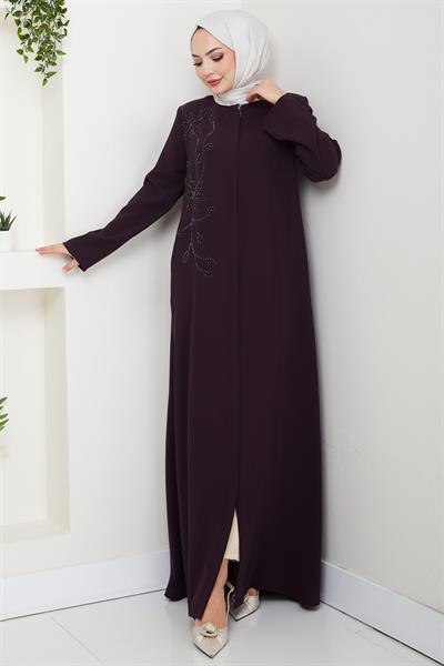 Çiçek Detay Taşlı Ferace Mor HM2847