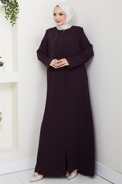 Çiçek Detay Taşlı Ferace Mor HM2847