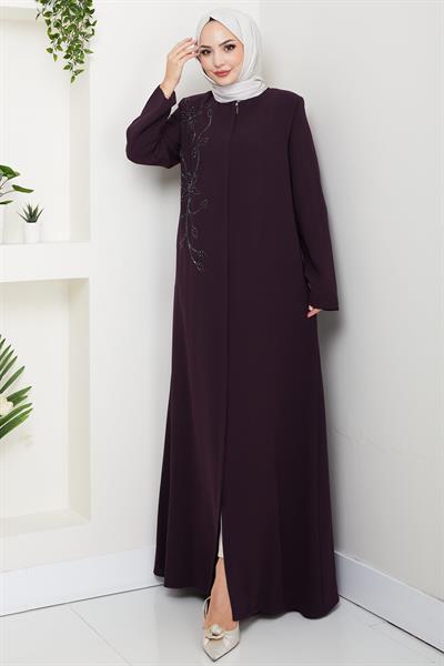 Çiçek Detay Taşlı Ferace Mor HM2847