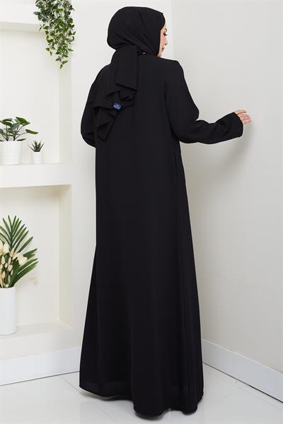 Çiçek Detay Taşlı Ferace Siyah HM2847