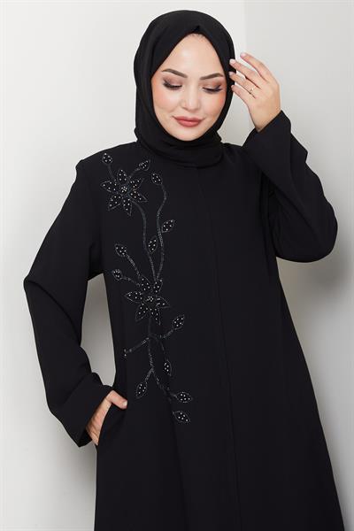 Çiçek Detay Taşlı Ferace Siyah HM2847
