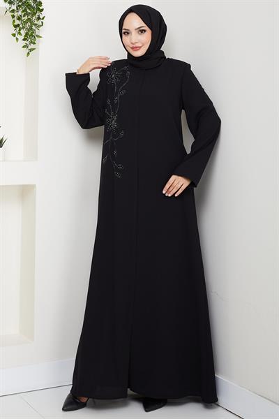 Çiçek Detay Taşlı Ferace Siyah HM2847