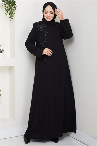 Çiçek Detay Taşlı Ferace Siyah HM2847