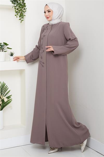 Çiçek Detay Taşlı Ferace Vizon HM2847