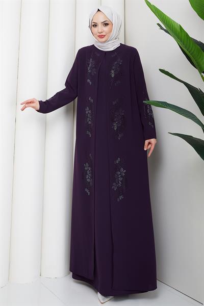 Çiçek Taş İşlemeli Şık Tesettür Anne Elbisesi Mor HM2905