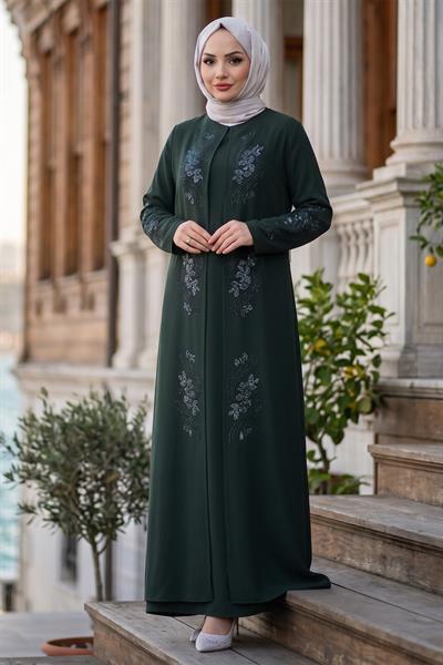 Çiçek Taş İşlemeli Şık Tesettür Anne Elbisesi Haki HM2905