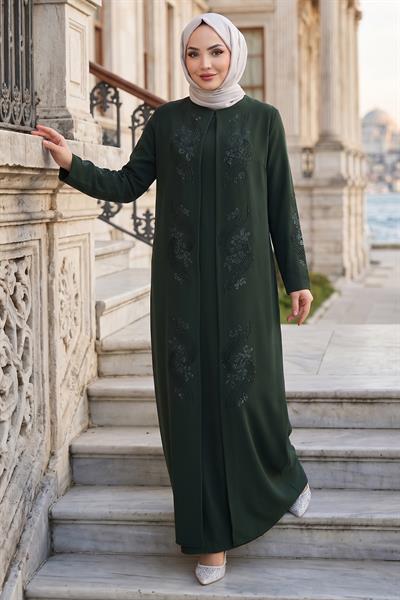 Çiçek Taş İşlemeli Şık Tesettür Anne Elbisesi Haki HM2905