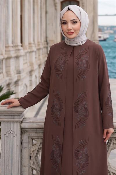 Çiçek Taş İşlemeli Şık Tesettür Anne Elbisesi Kahverengi HM2905