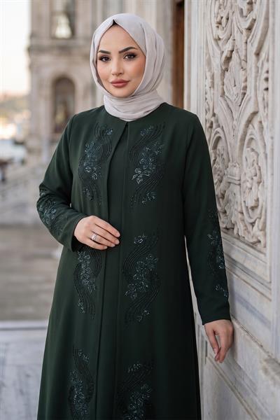 Çiçek Taş İşlemeli Şık Tesettür Anne Elbisesi Haki HM2905