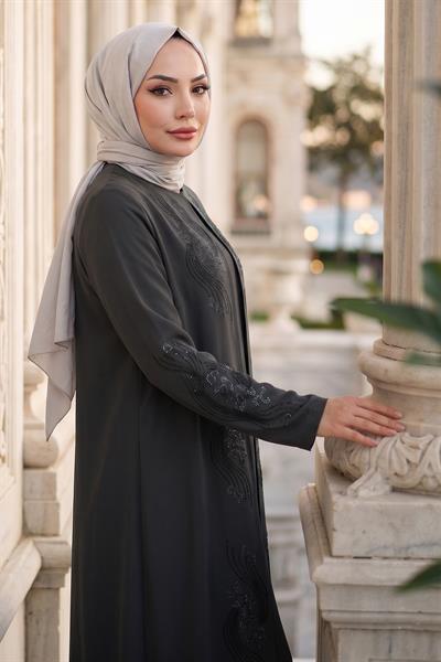 Çiçek Taş İşlemeli Şık Tesettür Anne Elbisesi Antrasit HM2905