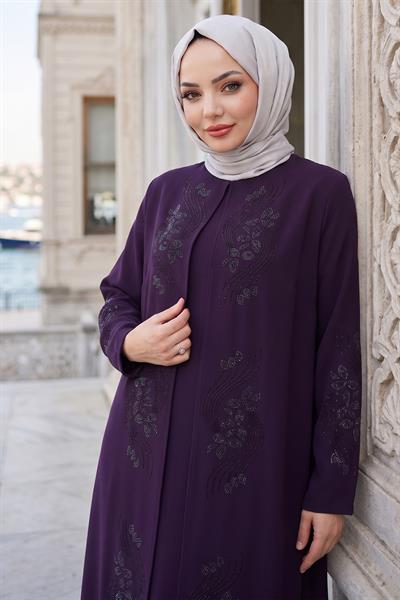 Çiçek Taş İşlemeli Şık Tesettür Anne Elbisesi Mor HM2905