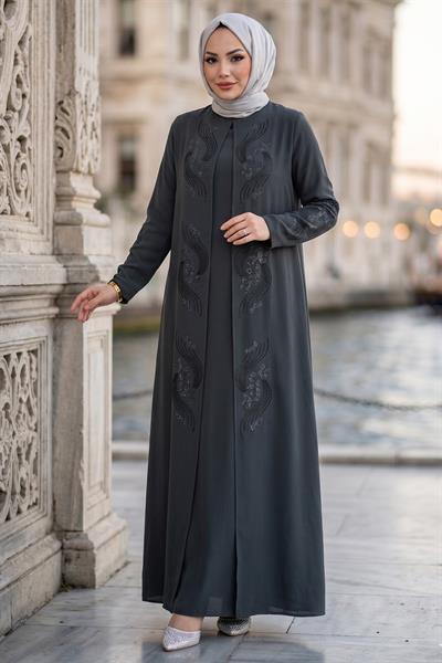 Çiçek Taş İşlemeli Şık Tesettür Anne Elbisesi Antrasit HM2905