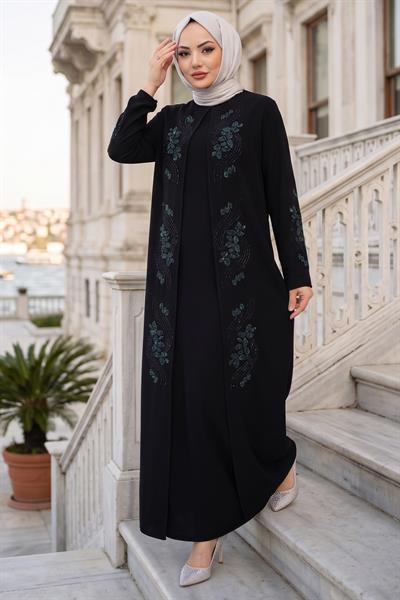 Çiçek Taş İşlemeli Şık Tesettür Anne Elbisesi Siyah HM2905