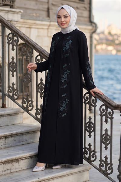 Çiçek Taş İşlemeli Şık Tesettür Anne Elbisesi Siyah HM2905