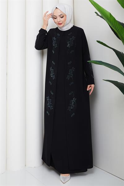 Çiçek Taş İşlemeli Şık Tesettür Anne Elbisesi Siyah HM2905