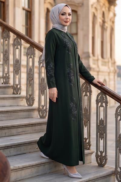 Çiçek Taş İşlemeli Şık Tesettür Anne Elbisesi Haki HM2905