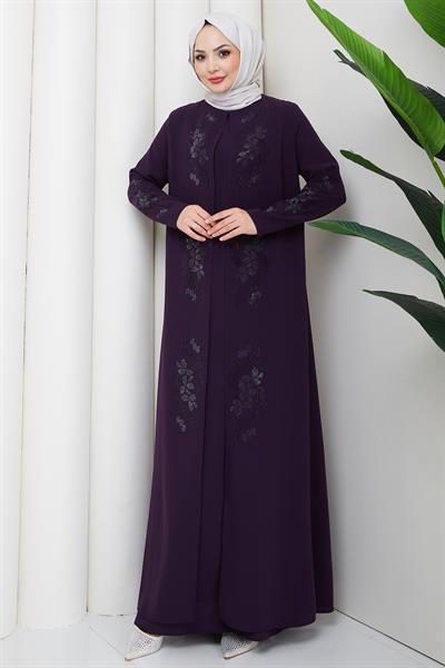 Çiçek Taş İşlemeli Şık Tesettür Anne Elbisesi Mor HM2905