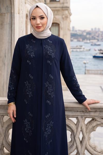 Çiçek Taş İşlemeli Şık Tesettür Anne Elbisesi Lacivert HM2905