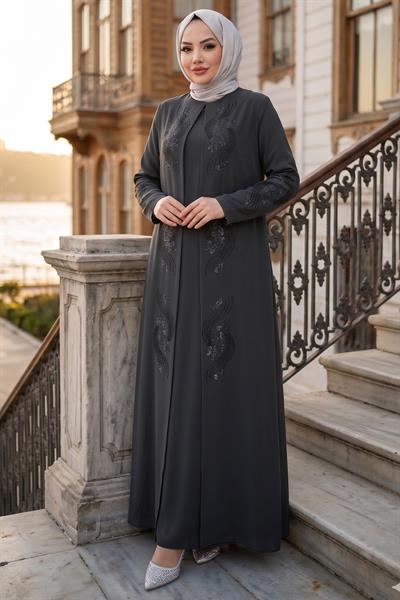 Çiçek Taş İşlemeli Şık Tesettür Anne Elbisesi Antrasit HM2905