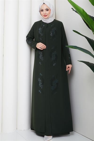 Çiçek Taş İşlemeli Şık Tesettür Anne Elbisesi Haki HM2905