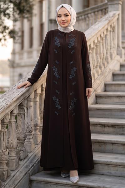 Çiçek Taş İşlemeli Şık Tesettür Anne Elbisesi Acı Kahve HM2905