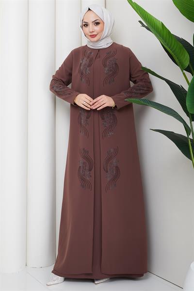 Çiçek Taş İşlemeli Şık Tesettür Anne Elbisesi Kahverengi HM2905