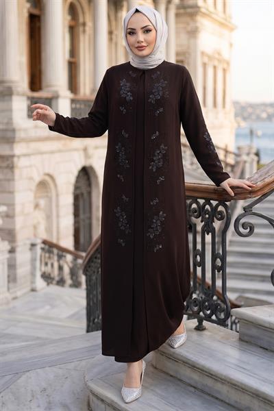 Çiçek Taş İşlemeli Şık Tesettür Anne Elbisesi Acı Kahve HM2905