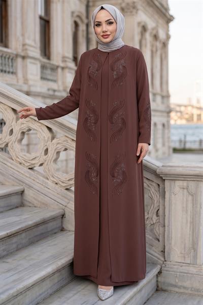 Çiçek Taş İşlemeli Şık Tesettür Anne Elbisesi Kahverengi HM2905