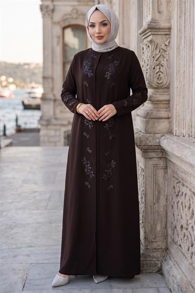 Çiçek Taş İşlemeli Şık Tesettür Anne Elbisesi Acı Kahve HM2905
