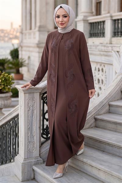 Çiçek Taş İşlemeli Şık Tesettür Anne Elbisesi Kahverengi HM2905