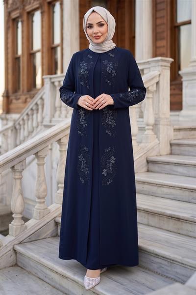 Çiçek Taş İşlemeli Şık Tesettür Anne Elbisesi Lacivert HM2905