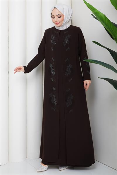 Çiçek Taş İşlemeli Şık Tesettür Anne Elbisesi Acı Kahve HM2905
