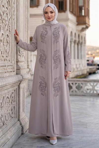 Çiçek Taş İşlemeli Şık Tesettür Anne Elbisesi Bej HM2905