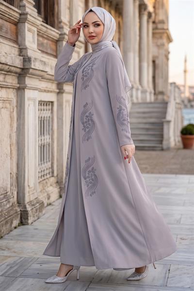 Çiçek Taş İşlemeli Şık Tesettür Anne Elbisesi Bej HM2905