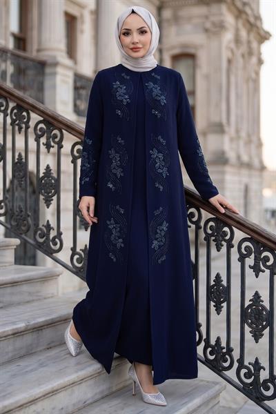 Çiçek Taş İşlemeli Şık Tesettür Anne Elbisesi Lacivert HM2905
