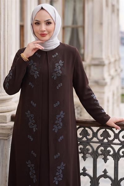 Çiçek Taş İşlemeli Şık Tesettür Anne Elbisesi Acı Kahve HM2905