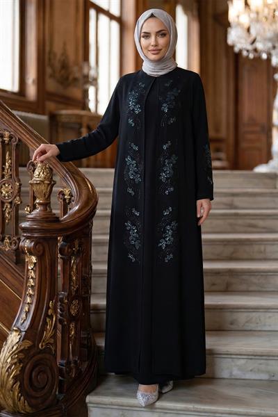 Çiçek Taş İşlemeli Şık Tesettür Anne Elbisesi Siyah HM2905