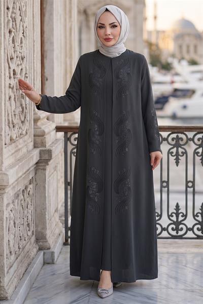Çiçek Taş İşlemeli Şık Tesettür Anne Elbisesi Antrasit HM2905