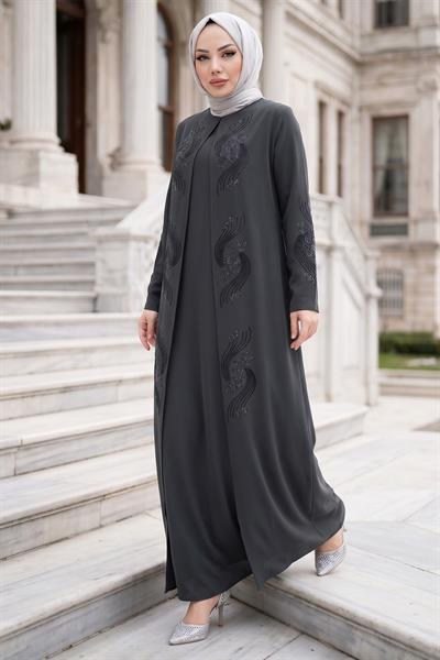 Çiçek Taş İşlemeli Şık Tesettür Anne Elbisesi Antrasit HM2905