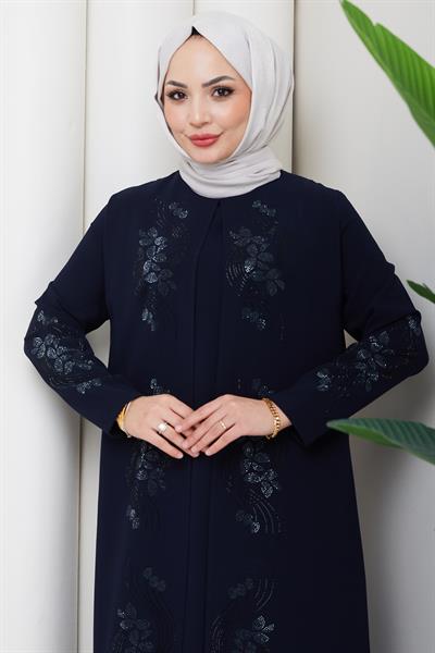Çiçek Taş İşlemeli Şık Tesettür Anne Elbisesi Lacivert HM2905