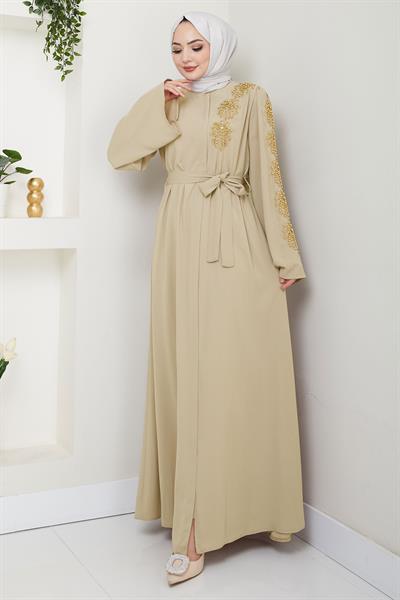 Çiçek Taşlı Kuşaklı Ferace Bej HM2713